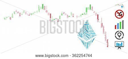 Line Collage Ethereum Falling Chart Icon United From Narrow Elements In Variable Sizes And Color Hue