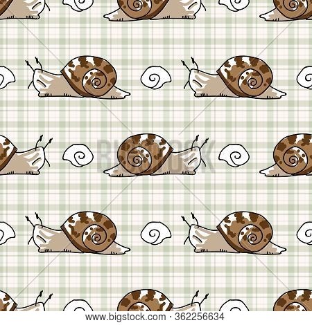 Cute Cartoon Slimy Snail With Shell Seamless Vector Pattern. Hand Drawn Slippery Slug For Yard Illus