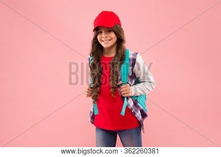 Back To School Is Here. Happy Child Carry Backpack Pink Background. Little Girl Back To Learning. Ba