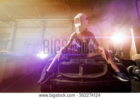Creative Colorful Bright Neon Portrait .design Car Workshop Art Concept.Сontemporary Portrait Woman 