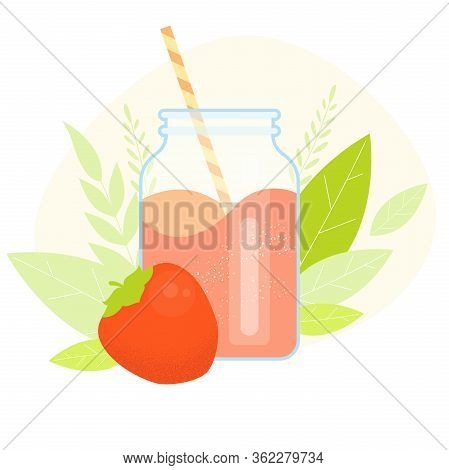 Persimmon Milk Shake Vector Flat Illustration. Cartoon Glass And Straw With Kaki Milkshake