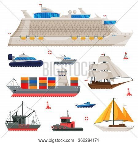 Water Transport Collection, Fishing Boat, Cruise Liner, Sailboat, Cargo Ship, Motorboat, Sea Or Ocea