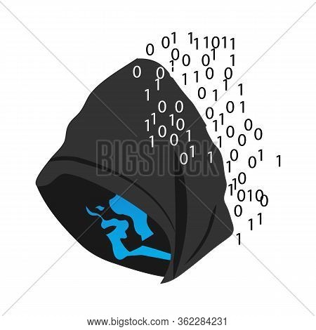 Head Vector Computer Hacker In Hoodie With Number Code. Data Thief, Internet Fraud, Darknet And Cybe