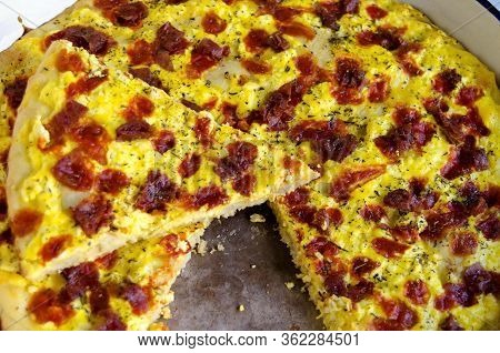 Delicious Pizza With Vegetables, Ham, Cheese, Kashkaval And Eeg  In Tray, Sofia, Bulgaria, Europe