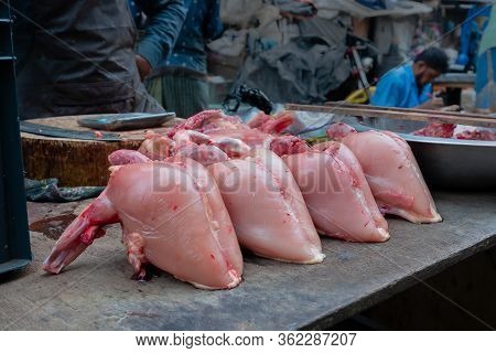 Kolkata, West Bengal, India - 16th December 2018 : Chicken Flesh Put Up On Roadside Wheel Cart For S