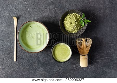 Organic Green Matcha Tea. Matcha Powder And Matcha Tea In A Bowl. Chashaku Spoon And Chasen Bamboo W