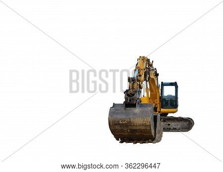 Yellow Tracked Excavator Isolated On White Background. Backhoe Loader Isolation. Rock Breaker Machin