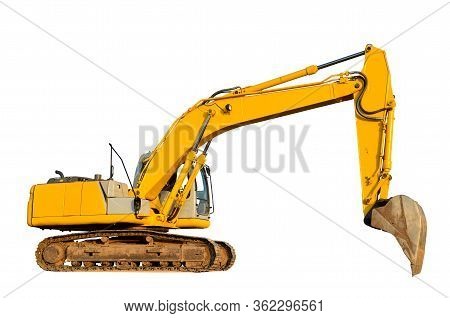 Yellow Tracked Excavator Isolated On White Background. Backhoe Loader Isolation. Rock Breaker Machin