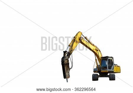 Excavator With Hydraulic Hammer Isolated On White Background. Isolation Of Backhoe For The Destructi