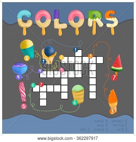 Colors Crossword. Kids Words Search Puzzle Game With Colourful Ice Cream Blue And Yellow, Pink And P