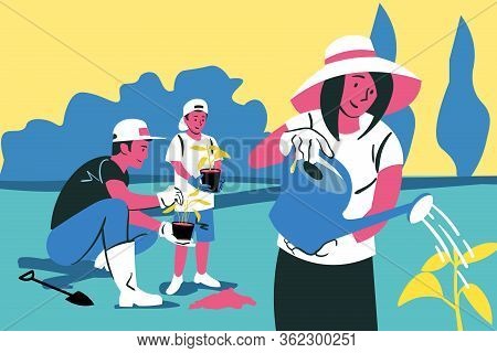 Family Teamwork, Gardening, Planting, Nature Concept. Young Happy Family Man And Woman With Child Fa