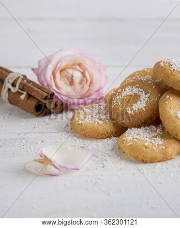 Homemade Coconut Cookies, Light Background And Pink Rose