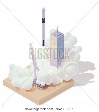 Vector Isometric Space Rocket Launch. Modern Spaceship Launch Pad. Rocket Lifts Off From The Launch 