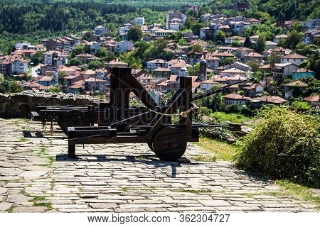 Medieval Weapons In Tsarevets Fortress. Beautiful Veliko Tarnovo Town Seen From The Fortress, Bulgar