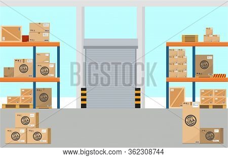 Vector Isometric Icon Set Representing Warehouse Building, Truck, Forklift Loading Goods In Crates