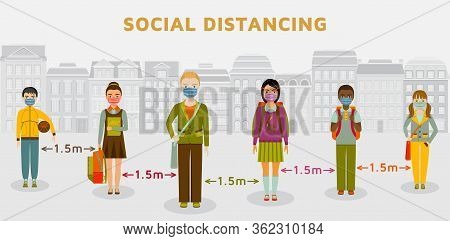 Social Distancing Concept. People Practice Social Distance 1.5 Meters In Public Place To Prevent The