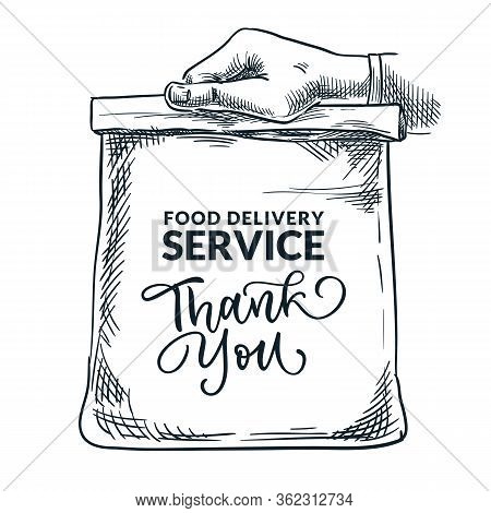 Human Hand Holding Lunch Paper Bag. Food Delivery Service Concept. Banner, Poster Design Template Wi