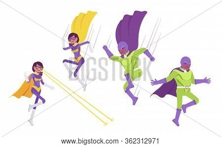 Male And Female Super Hero In Attacks Or Defense Pose. People With Superhuman Powers, Heroic Strong 