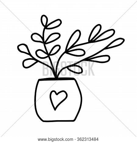 Cute Hand Drawn Flower In Pot. Single Doodle Icon Element. Isolated On White Background. Vector Stoc
