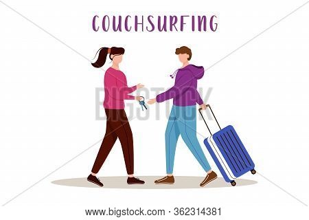 Couchsurfing Flat Vector Illustration. Lodging Without Charge. Cheap Travelling Choice. Free Stay. G