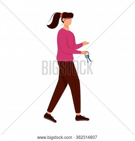Girl With Keys Flat Vector Illustration. Couchsurfing Lodging. Renting Or Letting Apartment, House. 