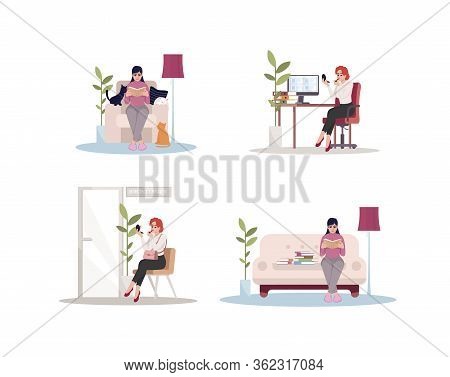 Female Caucasian At Home And Work Semi Flat Rgb Color Vector Illustration Set. Woman Relax On Sofa. 