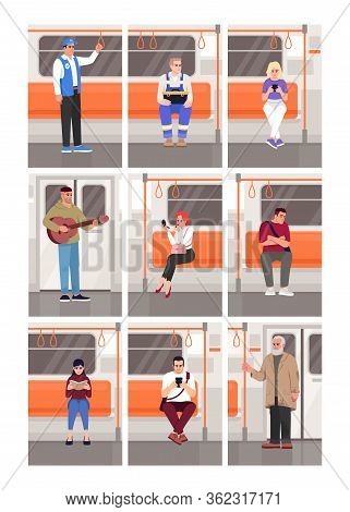 People In Subway Train Semi Flat Vector Illustration Set. Businesswoman Apply Lipstick. Guitarist In