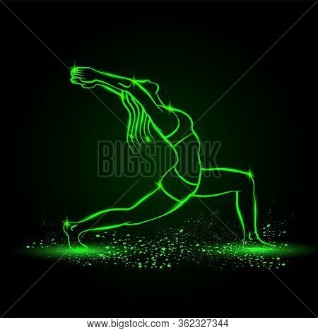 Girl Practices Yoga In Warrior One Pose. Vector Green Neon Virabhadrasana Illustration.