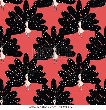 Seamless Vector Pattern Cute Abstract Peacock On Red Background. Seamless Bird Pattern For Wrapping 