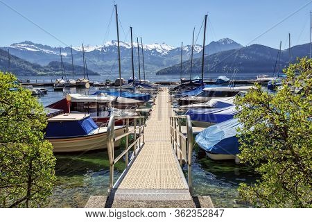 Boat Harbour On The Lake Lucerne Overlooking The Snow-capped Alps Near The Town Of Weggis On A Sunny