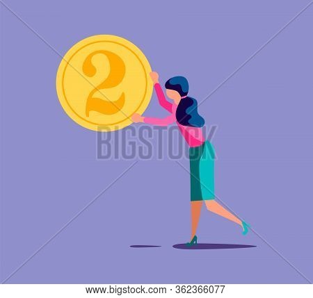 Young Woman Holds A Coin Two Cents. Put My Two Cents In Or Cash Back Rewards Metaphor. Isolated On P