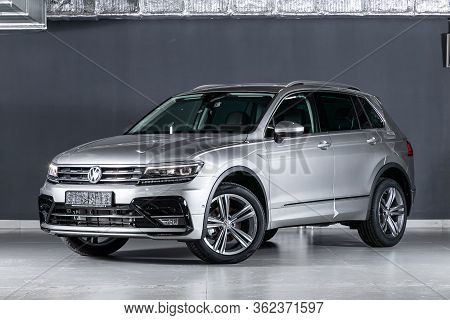 Novosibirsk/ Russia - March 15 2020: Volkswagen  Tiguan,  Mid-range City Suv, Front View. New Gray  