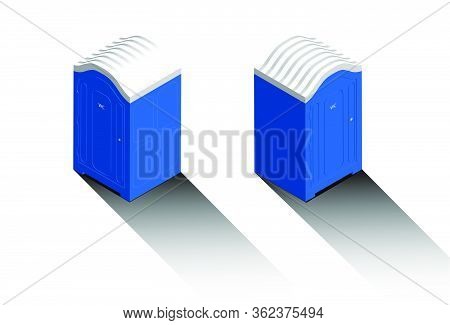 Blue Street Toilet In Isometric View. Isolated Vector On White Background