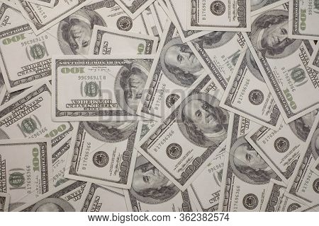 Group Of Money Stack Of 100 Us Dollars Banknotes A Lot Of The Background Texture Top View