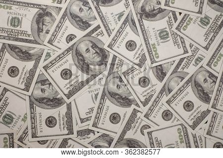 Group Of Money Stack Of 100 Us Dollars Banknotes A Lot Of The Background Texture Top View