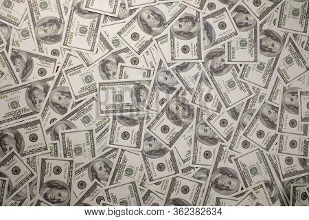 Group Of Money Stack Of 100 Us Dollars Banknotes A Lot Of The Background Texture Top View