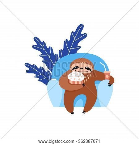 Sloth Watchig Movie. Cute Cartoon Animal With Popcorn And Lemonade In Front Of The Tv. Flat Vector I