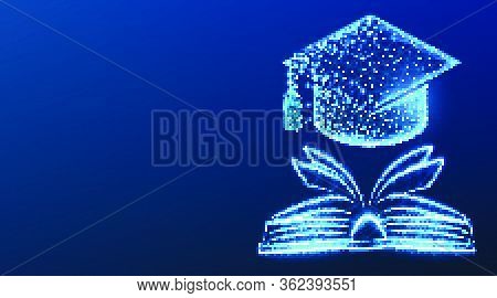 Book And Hat .education And Back To School Concept. Abstract Low Poly Wireframe Mesh Design. On Dark