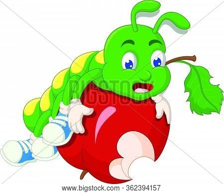 Green Caterpillar On Top Of Red Bitter Apple Cartoon Vector Illustration