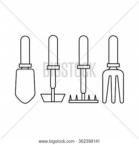 Vector set of tools for the garden on a white background. For agriculture and caring for plants and weeding vegetables. Flat design illustration of objects without fill. Vector and stock illustration.