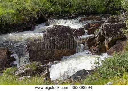 Rapids On River Bà Below Bà Bridge, Rannoch Moor, Highland, Scotland, Uk 
Viewed From West Highland 