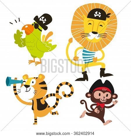 Animals Vector Set. Cartoon Monkey, Parrot, Tiger