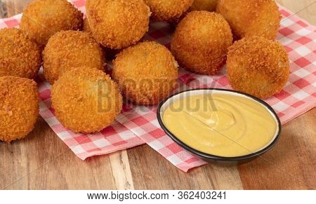 Dutch Traditional Snack Bitterbal On A Serving Board, Isolated