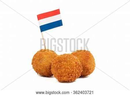 Dutch Traditional Snack Bitterbal With A Dutch Flag, Isolated