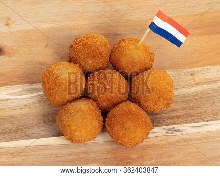 Dutch Traditional Snack Bitterbal On A Serving Board, Dutch Flag, Isolated