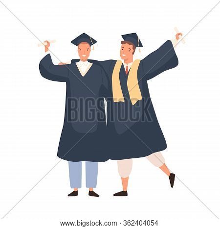 Happy Cartoon Male Graduated Students Having Positive Emotion Vector Flat Illustration. Joyful Guys 