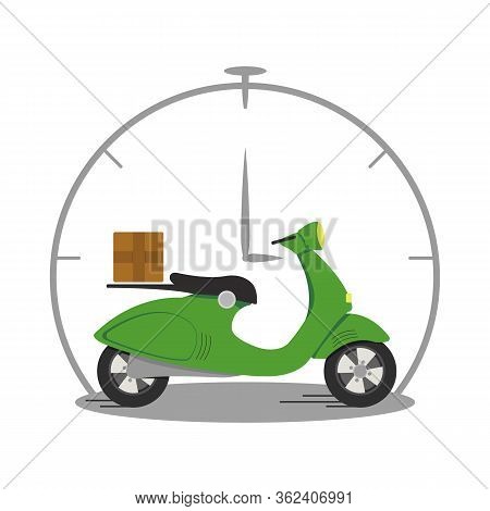 Green scooter with a silhouette of a clock for home and office delivery. Fast and free delivery of products and goods. Vector and stock illustration. Icon, logo, design elements, concept for website.