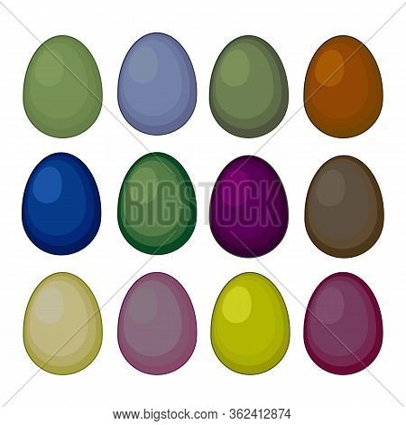 Bright set of 12 multi-colored Easter eggs. Dinosaur and dragon eggs. Vector illustration on a white background. Stock illustration. For printing on fabric, children's illustrations.