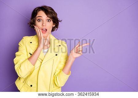 Portrait Of Astonished Funky Girl Present Incredible Ads Promotion Impressed Touch Hand Face Scream 