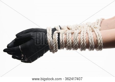 Kinbaku Shibari Women's Hands Tied With Rope Wearing Medical Gloves